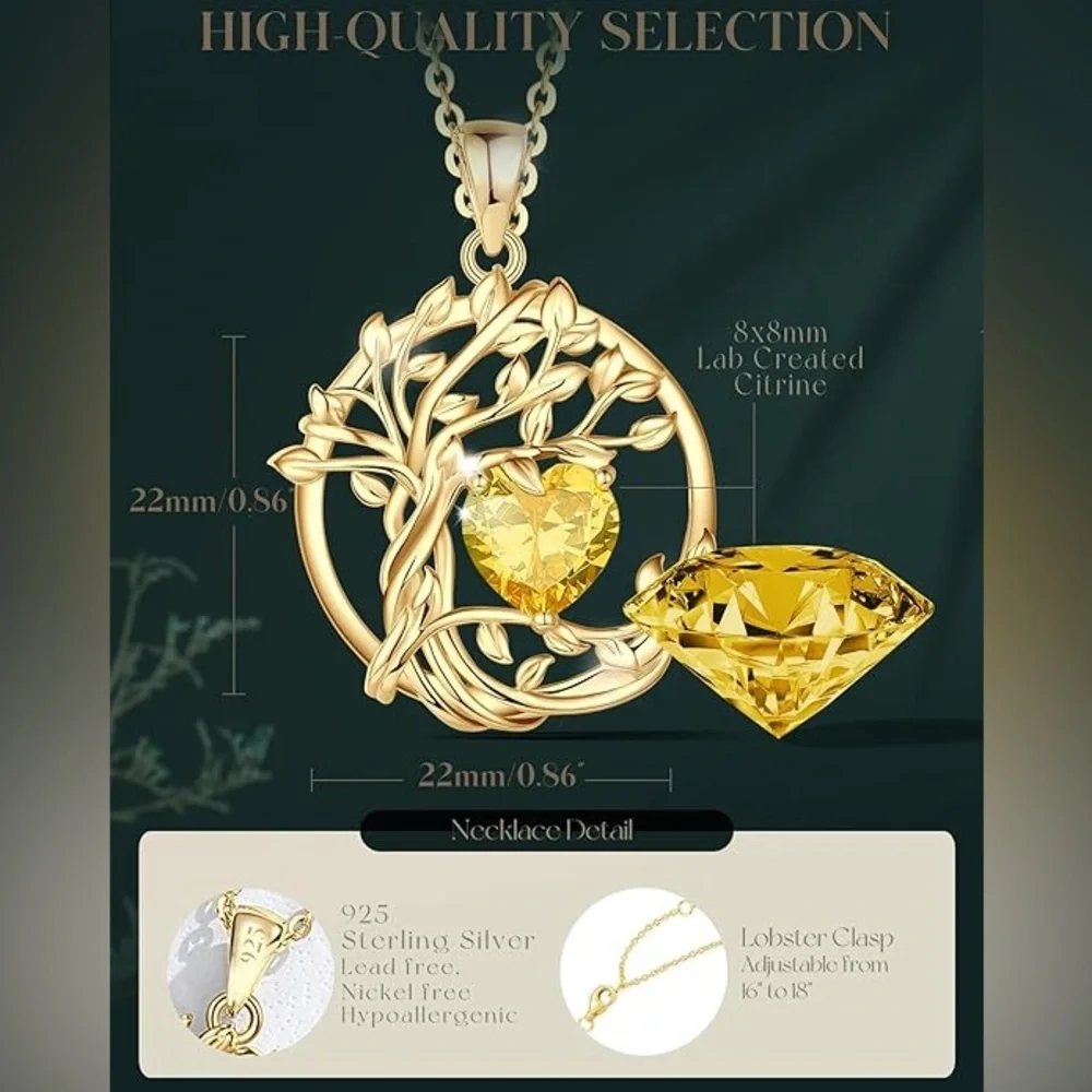 Fancime Tree of Life Heart Birthstone Necklace Fanci Me Sterling Citrine NEW - Picture 5 of 16